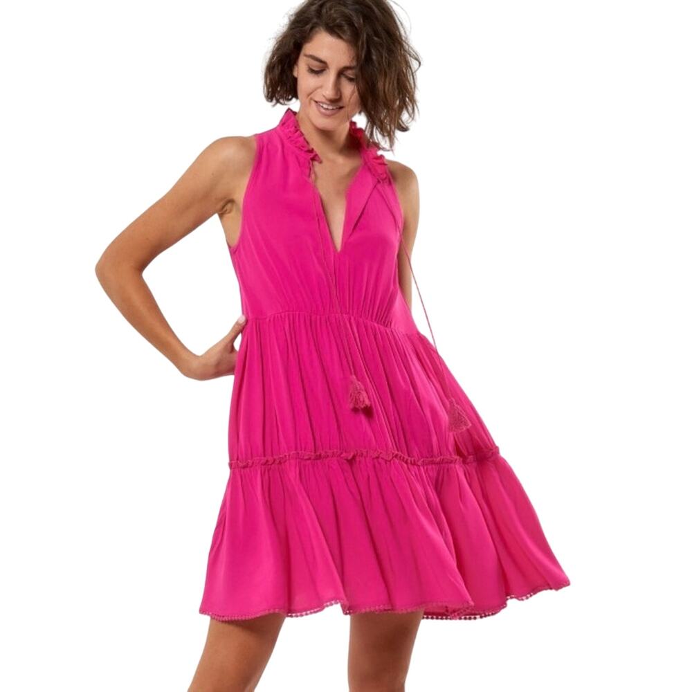 Kasia Greek Luxury Resortwear Chloe Pink Tiered Mini Dress Size XS